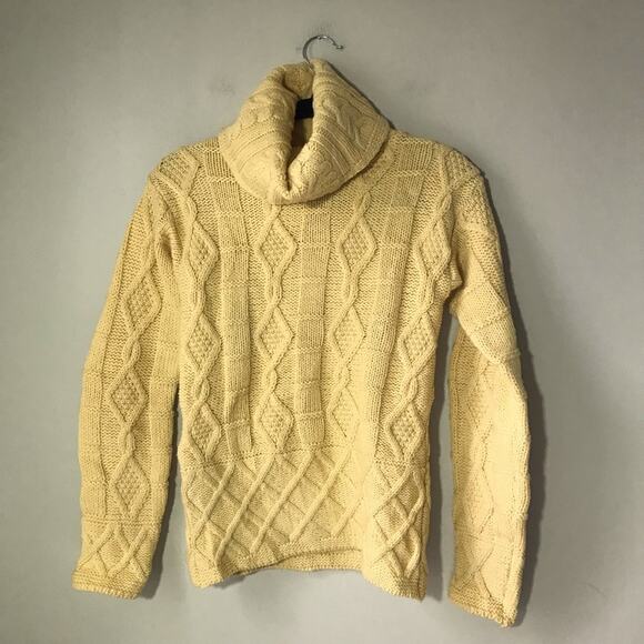 Inis Crafts Irish merino wool butter yellow S cable knit turtleneck knit sweater - Picture 1 of 9